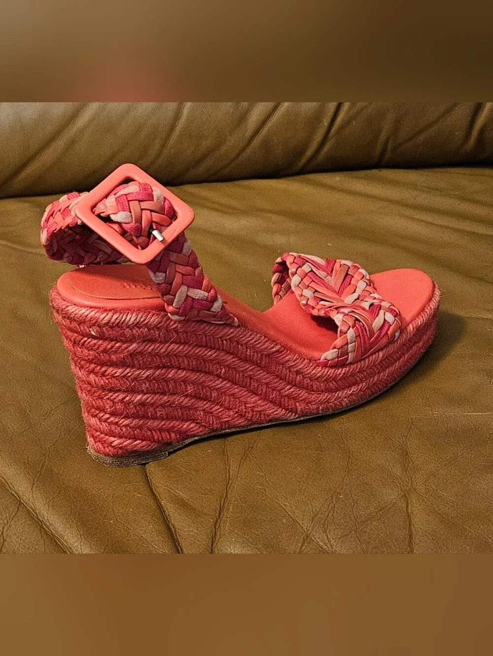 Hermes Coral Braided Espadrille Wedge Sandals Heels Size 5 US